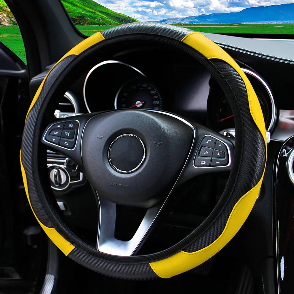 Carbon Fiber PU Leather Steering Wheel Cover – Universal Fit 14.5–15 Inch | Anti-Slip Car Interior Accessory