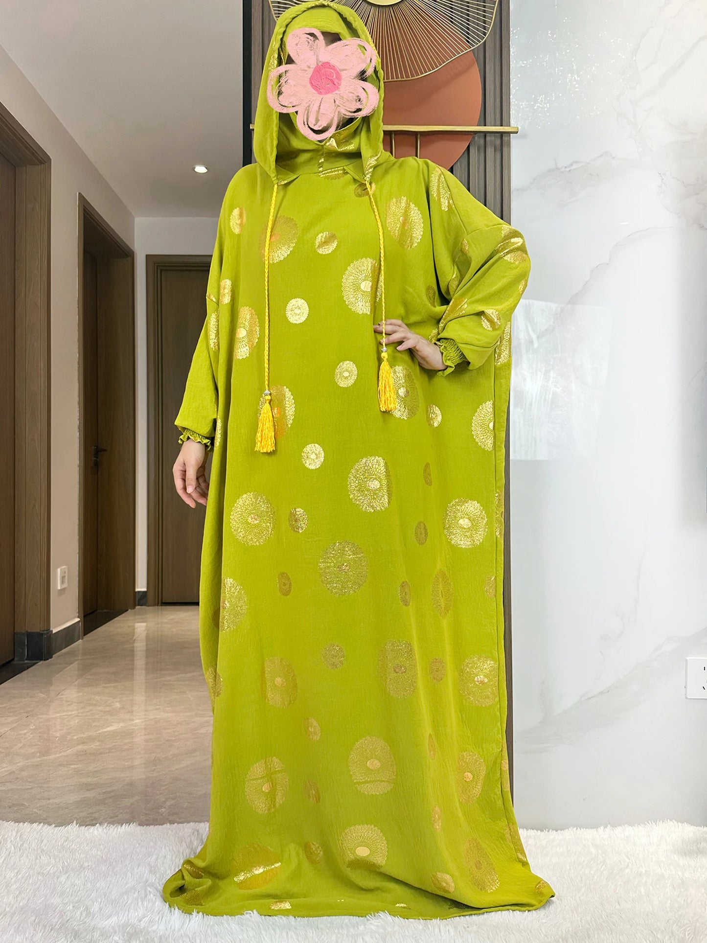 Women's Cotton Embroidered Abaya Kaftan – Gold Dust Shimmer, Loose Fit, All-Season Muslim Dress