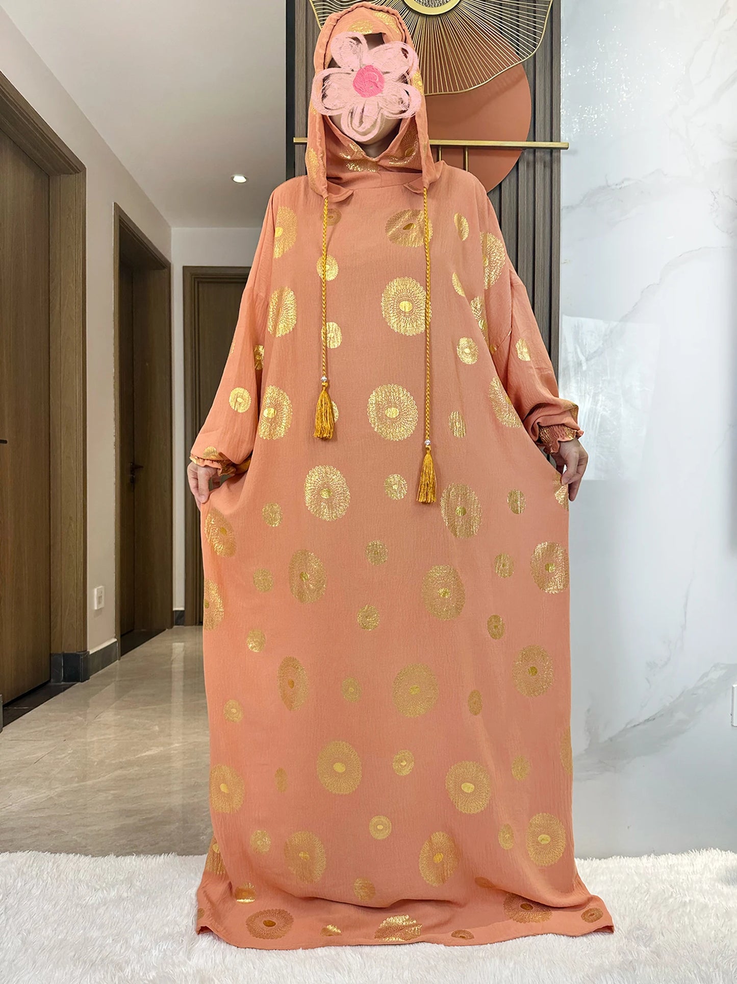Women's Cotton Embroidered Abaya Kaftan – Gold Dust Shimmer, Loose Fit, All-Season Muslim Dress