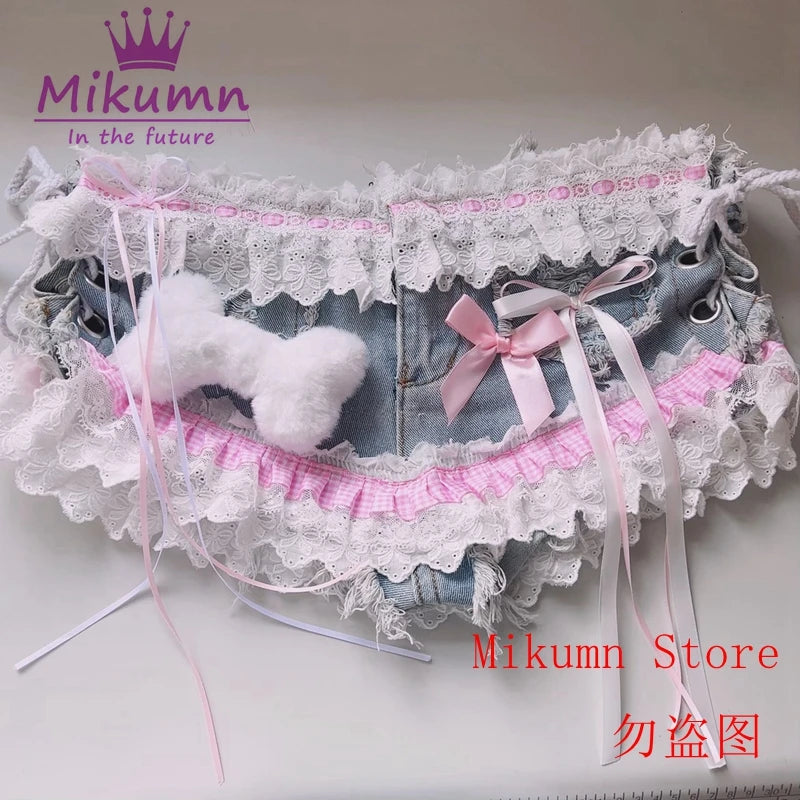 Mikumn Harajuku Y2k Women Sexy Lace Shorts Punk Girls Sweet Bow Angel Wing Bone Lace-up Low Waist Denim Shorts Jeans Streetwear