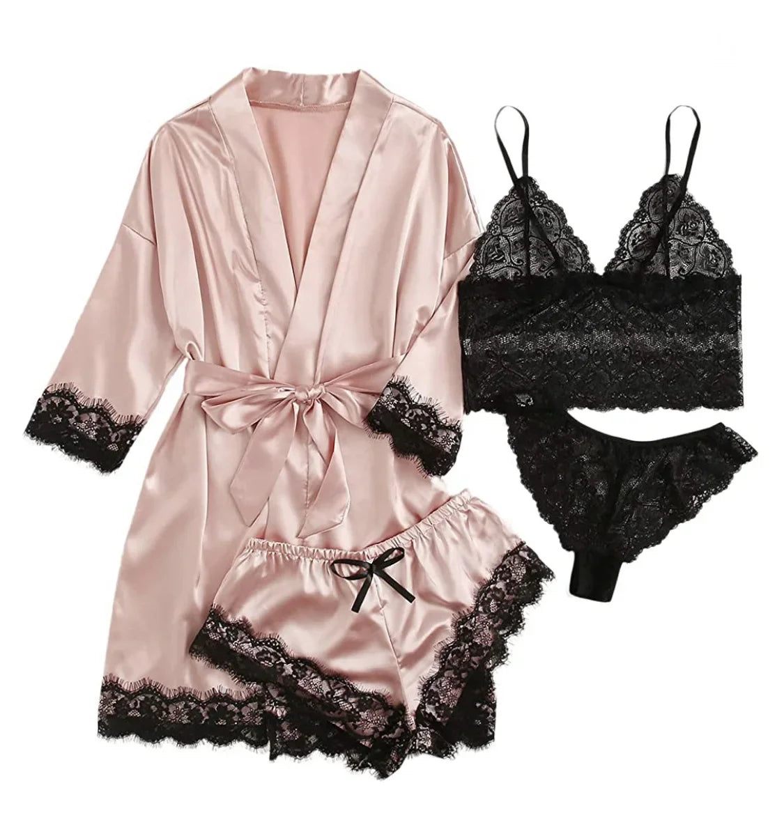 Women's 4-Piece Lace Camisole Pajama Set – Sexy Lingerie Nightgown, Shorts, Robe & Leisurewear | S–XXL (7 Colors)