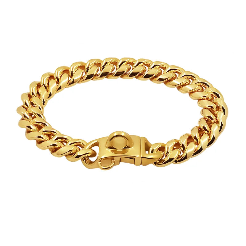 Metal Dog Collar Stainless Steel Pet Choker Gold Cuban Link Chain 14mm Wide Lead for Small Medium Large Dogs Pet Accessories