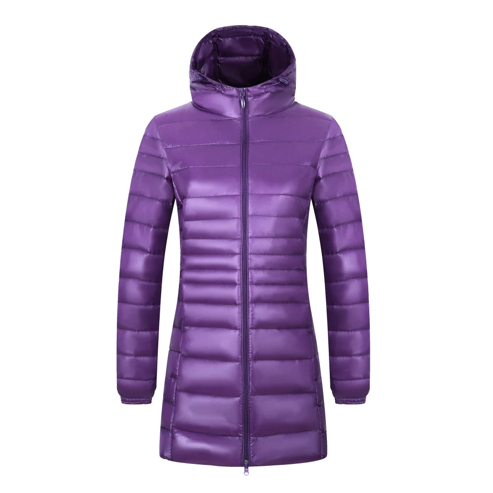 Women's Long Puffer Coat with Storage Bag - Light Hip-Length Jacket - photo 16