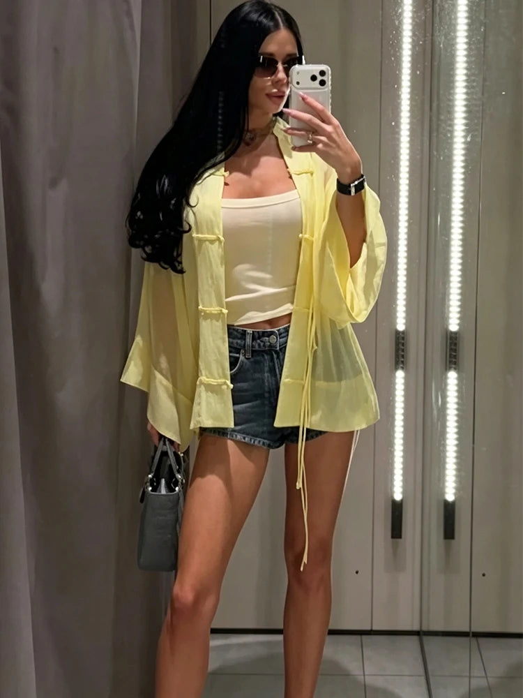 Women's Sheer Button-Up Shirt - Loose Long Sleeve Casual Blouse - photo 3
