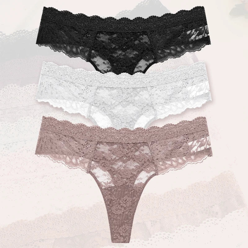 3-Pack Floral Lace Thongs – Soft Low-Rise Seamless Panties