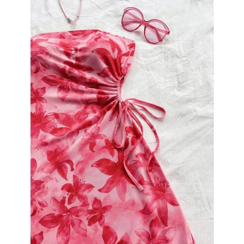 Women's 2026 Floral Print Tube Mini Dress Strapless Backless Party Club Short Ruched Drawstring Bodycon Party Dresses Streetwear