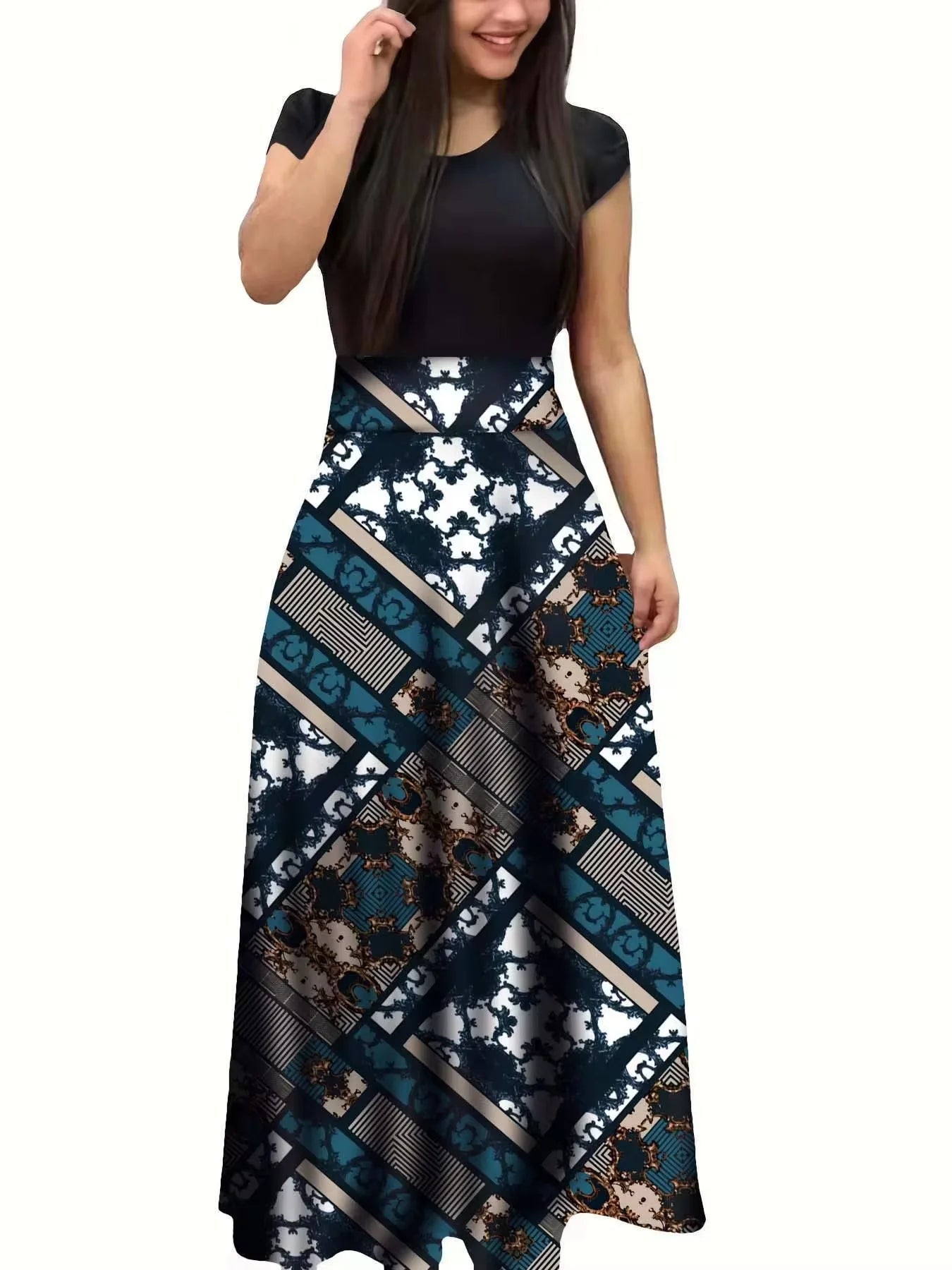 2025 European and American style flower print color matching short sleeved dress for women's large swing skirt