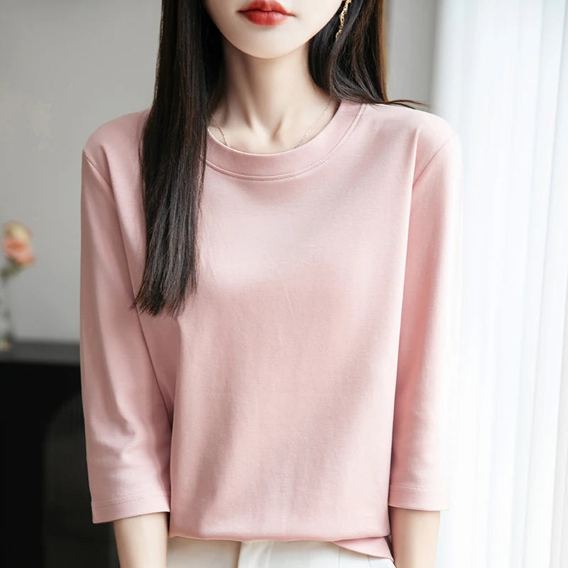 Spring And Summer New Cropped Sleeve Women's Round Neck Cotton T-shirt Loose Mercerized Cotton Short Sleeve Bottoming Shirt