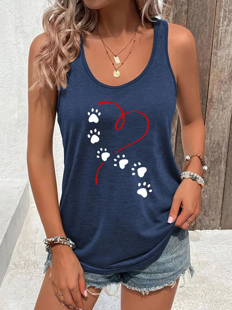 Heart Dog Paw Prints Fashion Casual Tank Top Women Dog Lover Sexy Tops Animal Essential Racerback Tanks Heart Graphic Casual Top