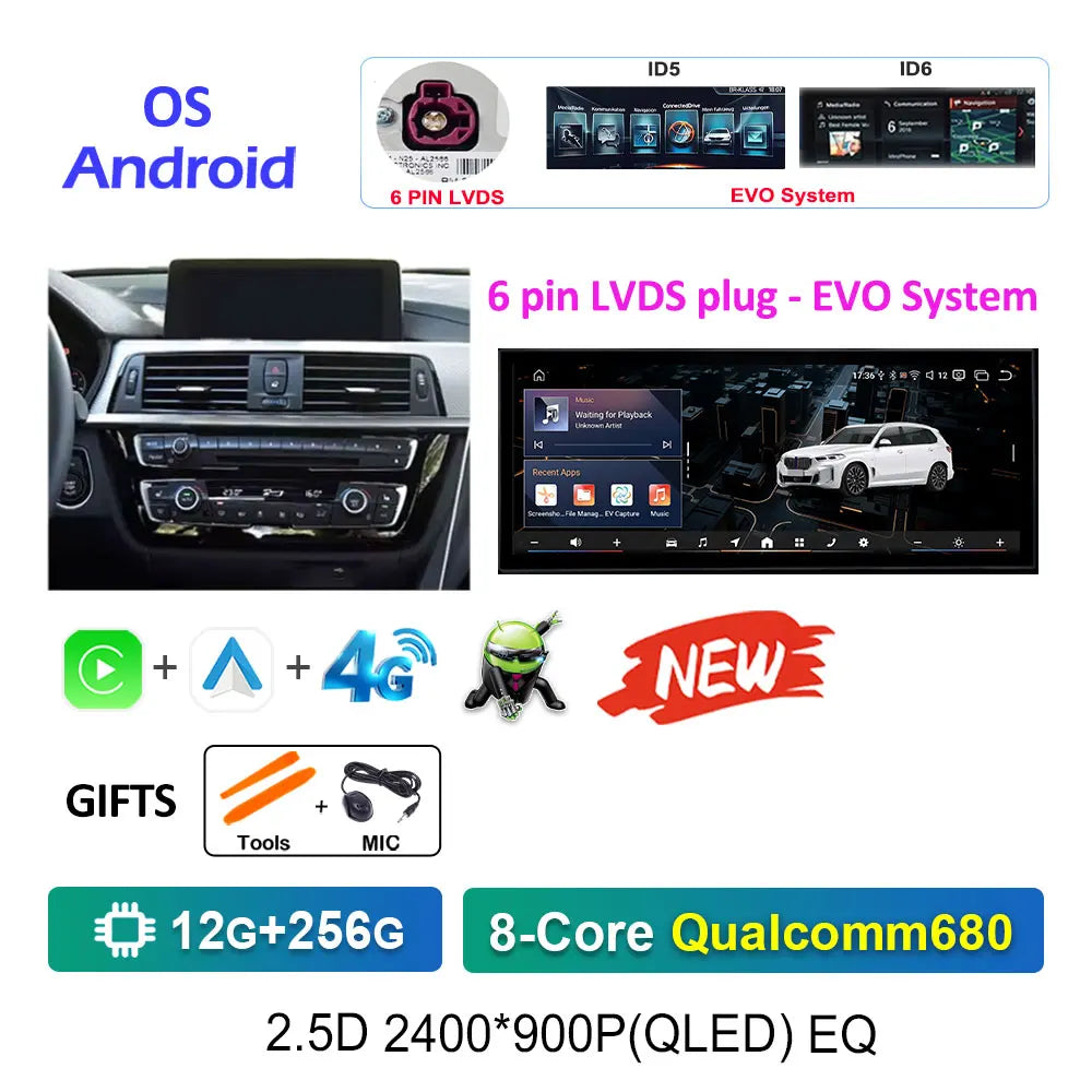 12.3" Android CarPlay Screen for BMW 3/4 Series F30 F31 F32 F33 F34 F36 (2013–2019) NBT/EVO — Android Auto, GPS, 4G