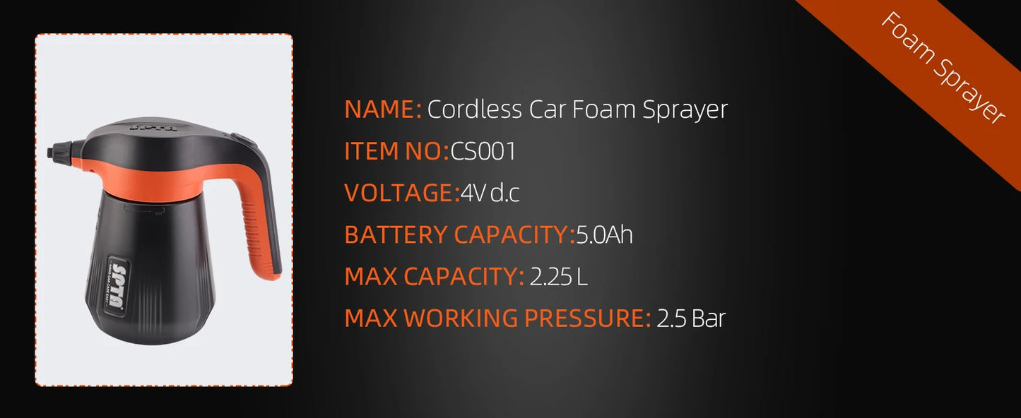 SPTA Cordless Battery Powered Foam Sprayer, 2.25L Electric Car Foam Sprayer,  Pump Foam Sprayer for Car Cleaning