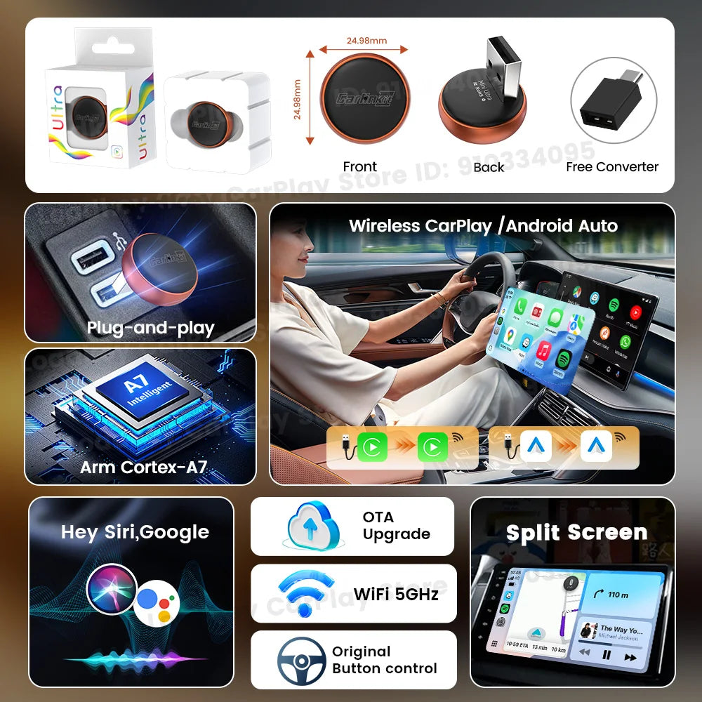 CarlinKit Mini Ultra 2-in-1 Wireless CarPlay & Android Auto Adapter — 5GHz WiFi, USB-C/USB, Plug and Play