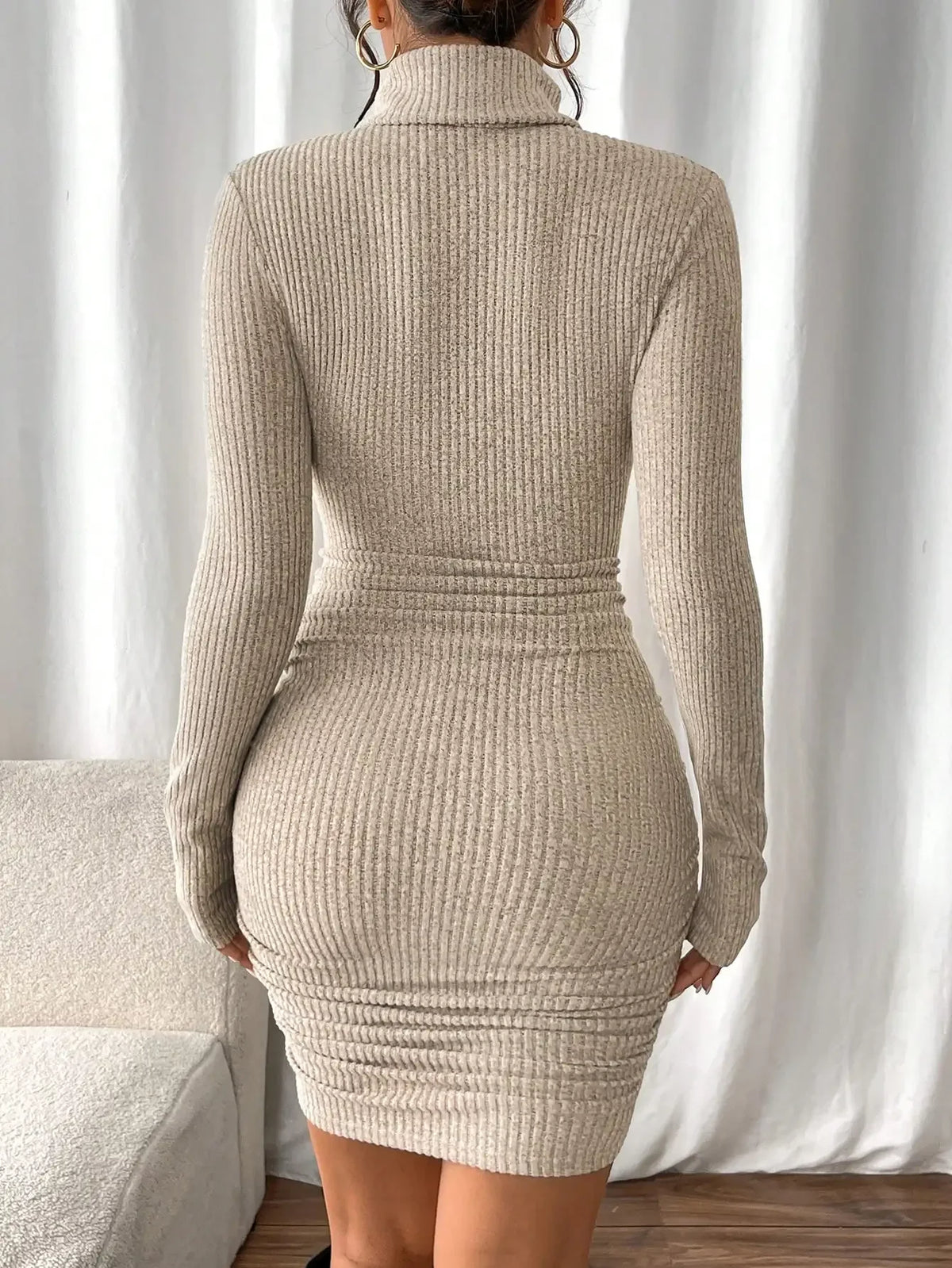 Fashionable Casual Ribbed Knit Women's Solid Color High Collar Long Sleeve Simple Short Dress