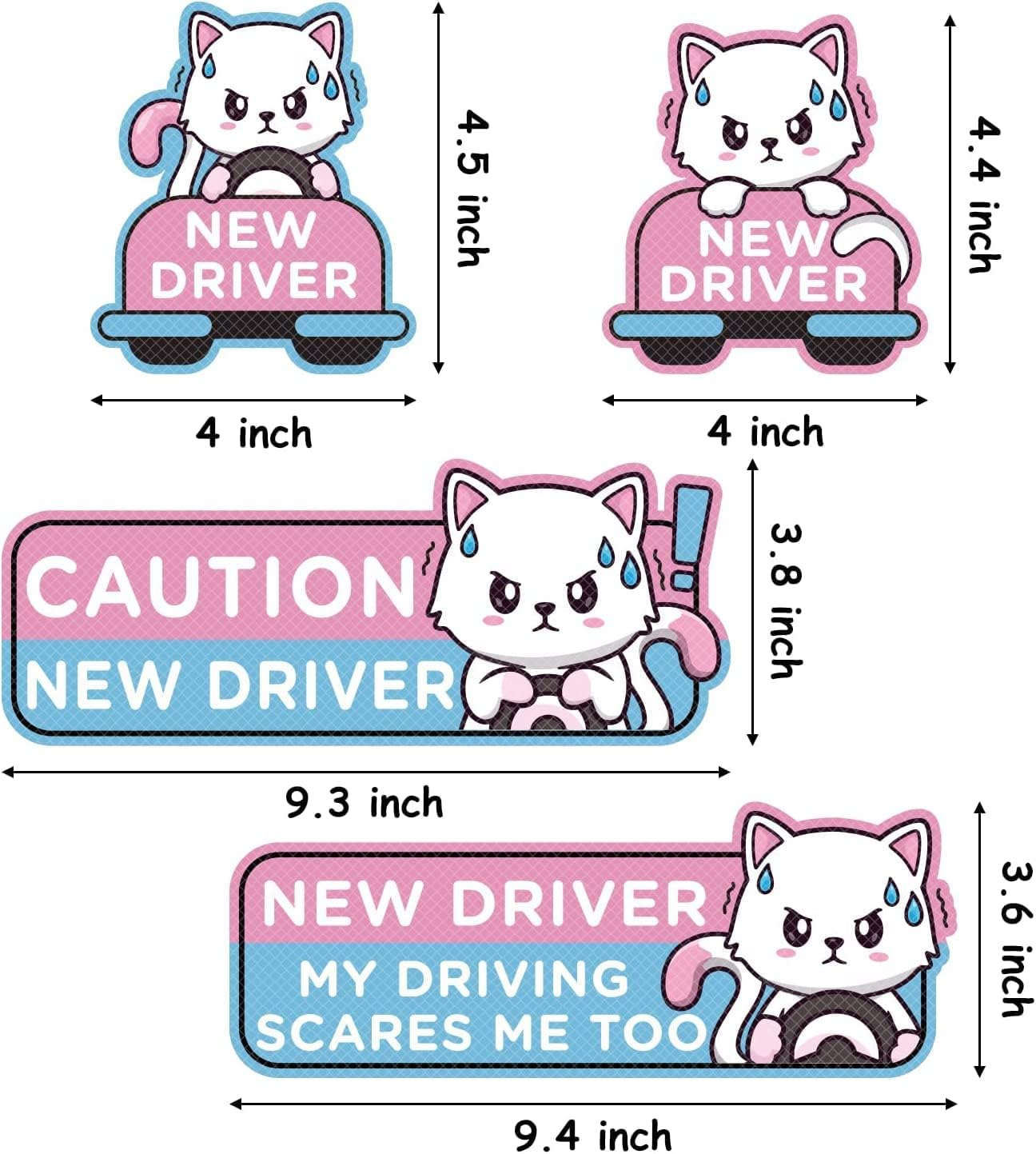 Cartoon Cat Student Driver Car Magnet – Cute Reflective New Driver Safety Bumper Sticker (Reusable)