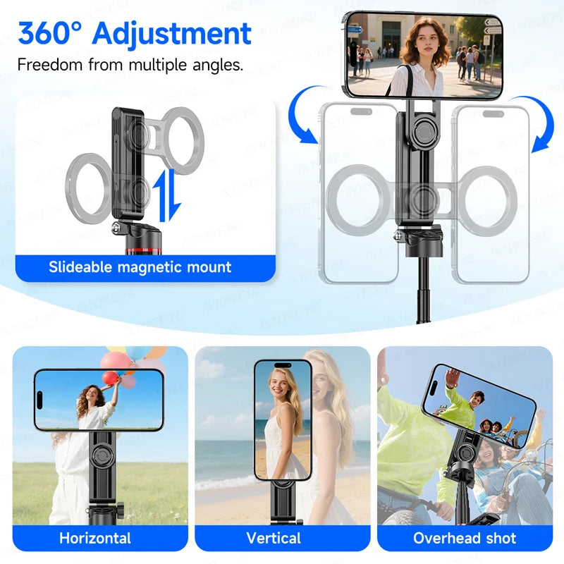 Mini Magnetic Selfie Stick Tripod Removable Remote Control Quadrapod Holder 360° Rotation for iPhone 16 15 14 13 12 Vlog Live
