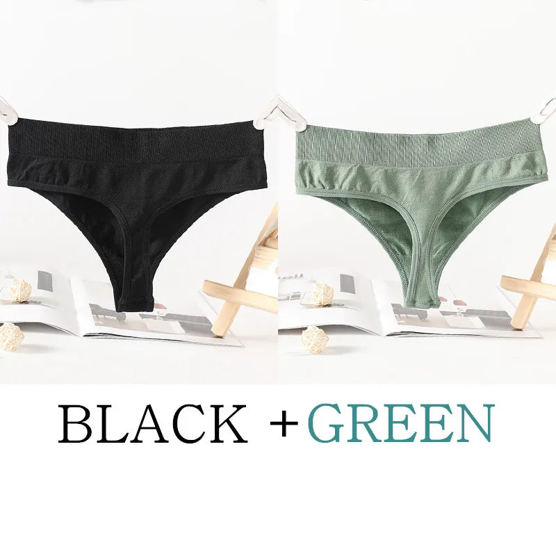 2PCS/Set G-String Seamless Panties Women Thongs Sexy Lingerie Solid Color Female High Waist Thongs Women's Underwear