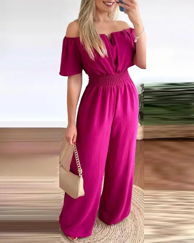 Jumpsuits for Women 2026 Spring Fashion Off Shoulder Casual Plain Short Sleeve Shirred Waist Daily Long Wide Leg Jumpsuit 2026