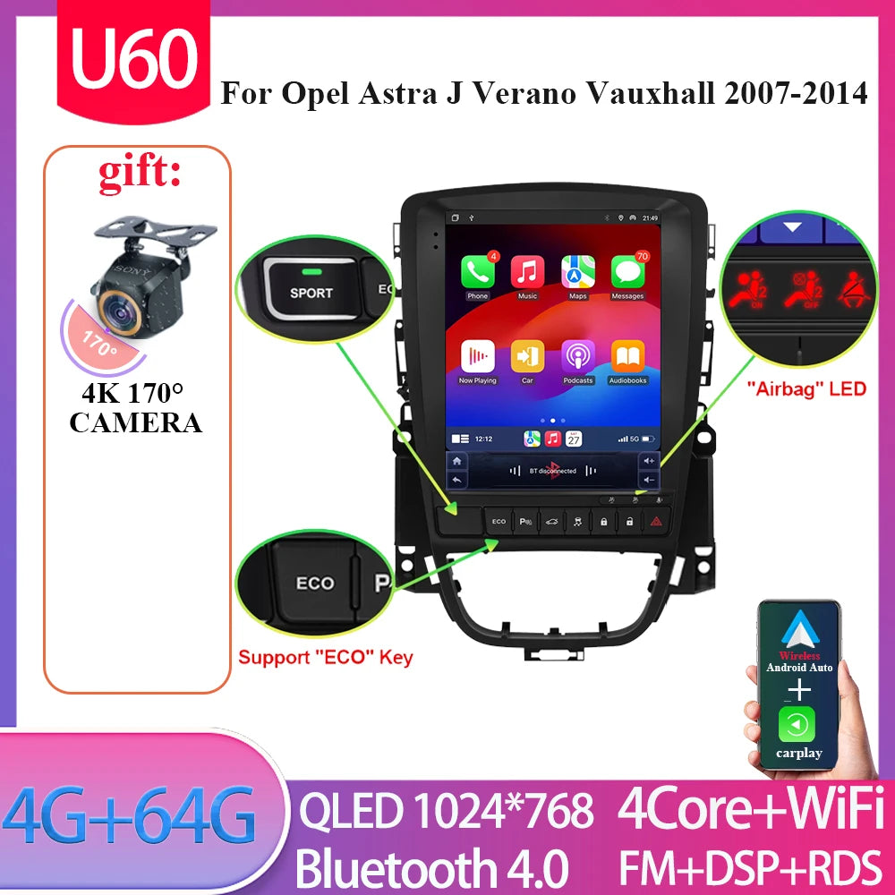 9.7" Android Car Stereo for Opel Astra J & Verano, Vauxhall (2007–2014) — CarPlay, GPS, 4G, Bluetooth
