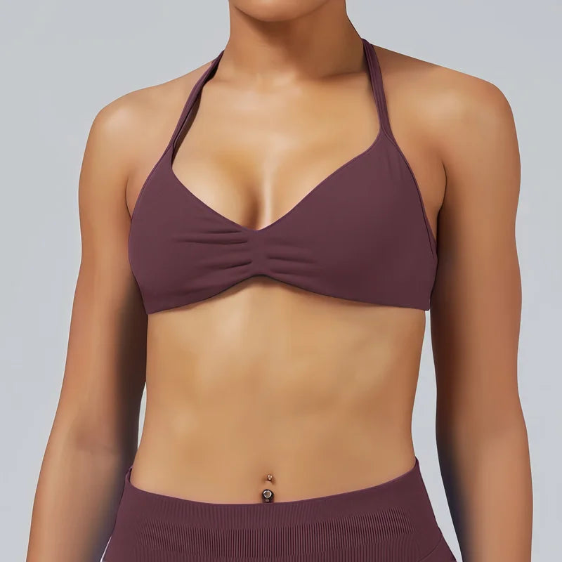 HISTELLO Df Solid Color Impact Strappy Bra Women Seamless Yoga Underwear Fitness Workout Halter Top Running Gym Sports Bra