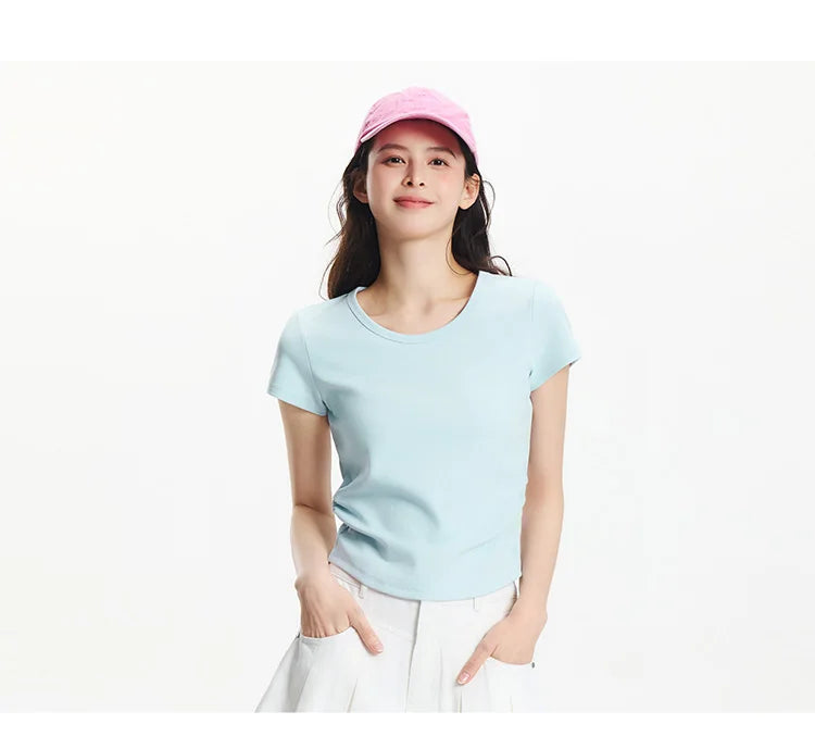 Semir Short Sleeve T-Shirt Women Cropped Slim Fit Shoulder Fit Design 2026 New Summer Embroidered Top Versatile for Chic Outfits