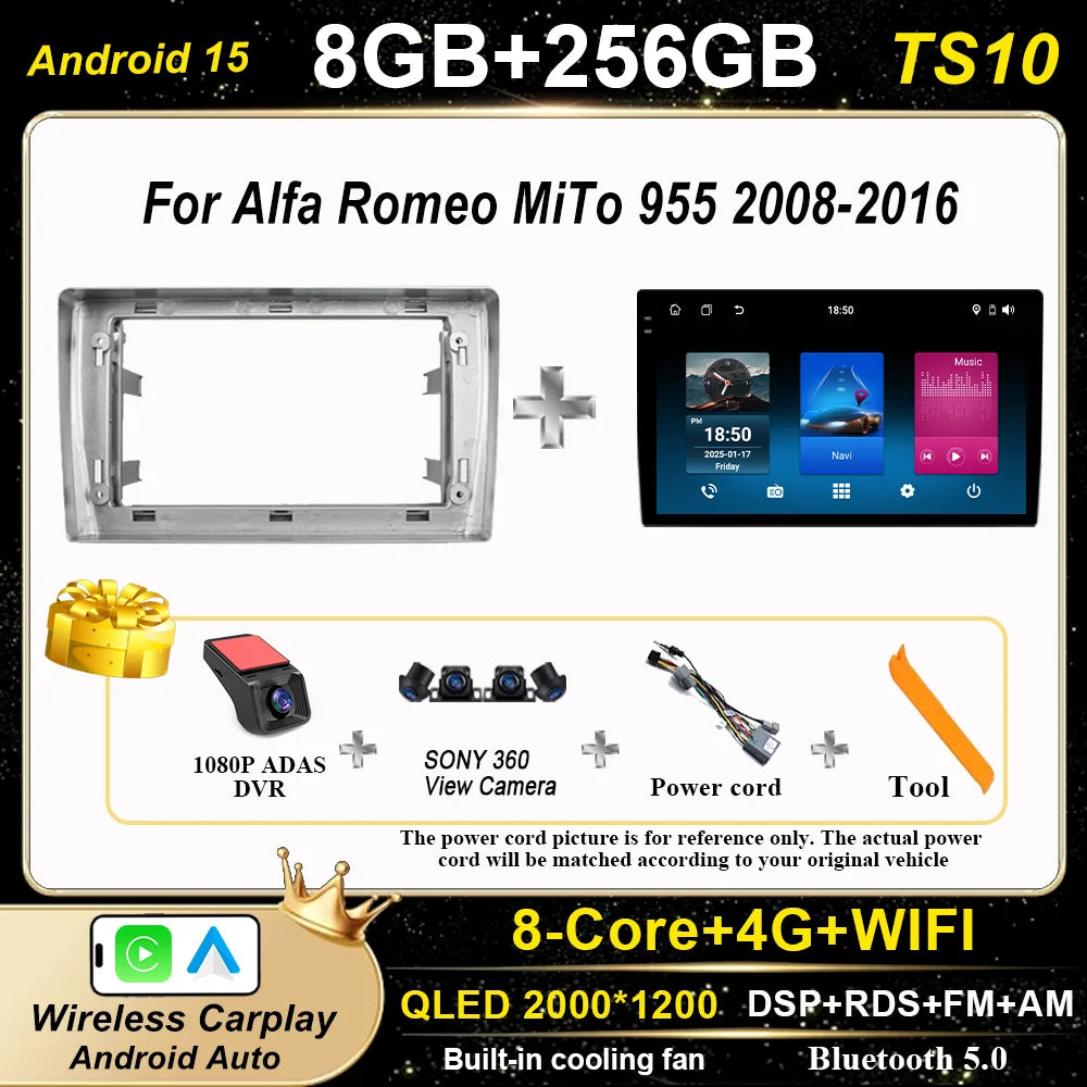 Android 15 Car Radio Stereo For Alfa Romeo MiTo 955 2008-2016 Auto Cireless Carplay GPS Navigation Multimedia Video Player 2Din