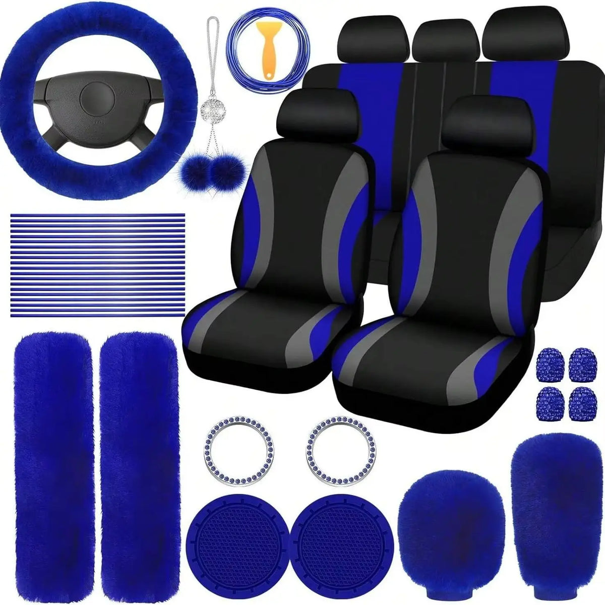 35-Piece Luxury Car Seat Cover Set - Soft Fluffy Steering Wheel Cover, Universal Safety Belt Protectors, Gear Shift Cover, Fashionable Interior Accessories For Women - Premium Polyester Fiber, Easy To Install, Stylish, And Pr