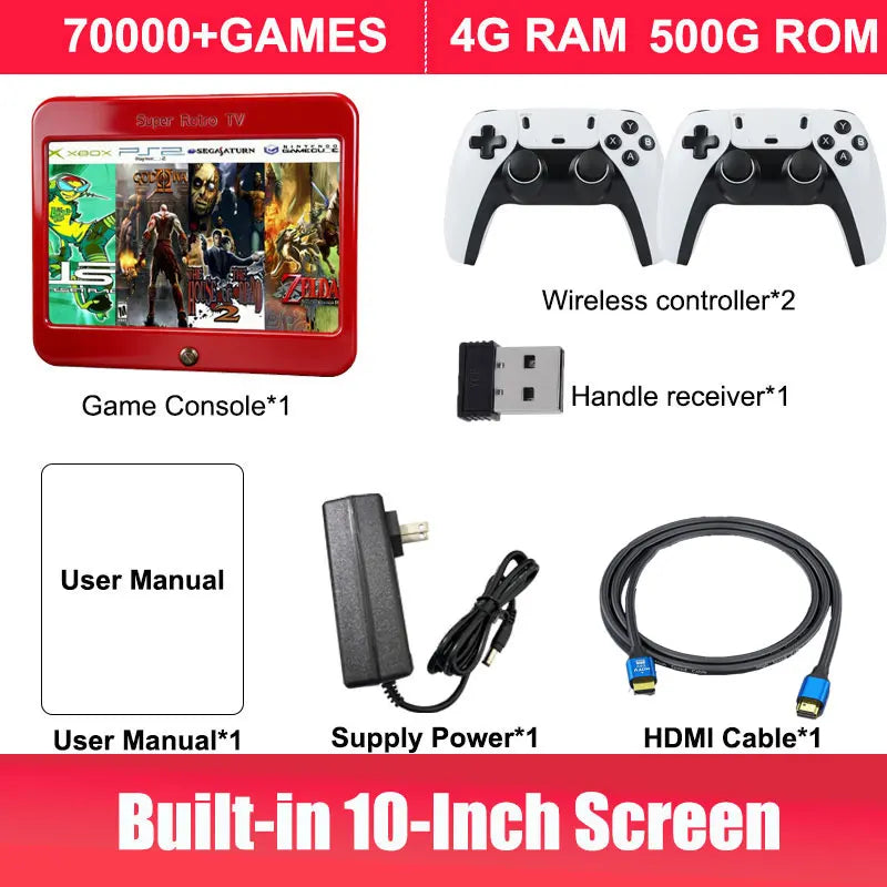 T1 Portable Game Console — 10-inch HD Screen, 60+ Emulators, Dual-System, Wireless Controller