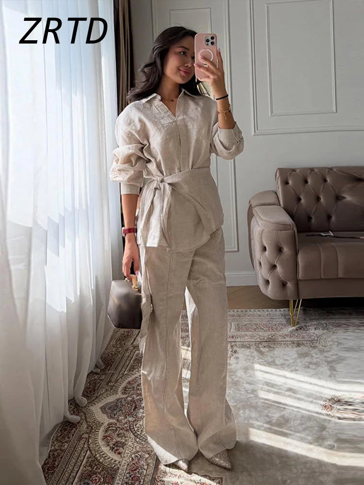 Linen Lace-Up Shirt & Wide-Leg Pants Set — Women's 2-Piece