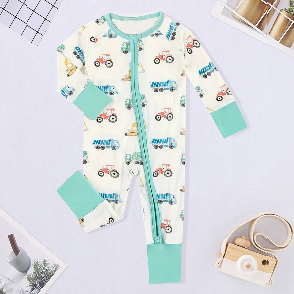 Baby Boy Bear Print Romper - Long Sleeve Button-Front Onesie - photo 3