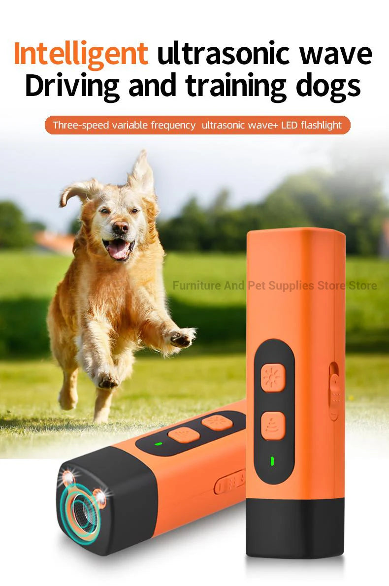 Rechargeable Ultrasonic Dog Repeller & Anti-Bark Deterrent – Dog Training Device with LED Flashlight | Orange