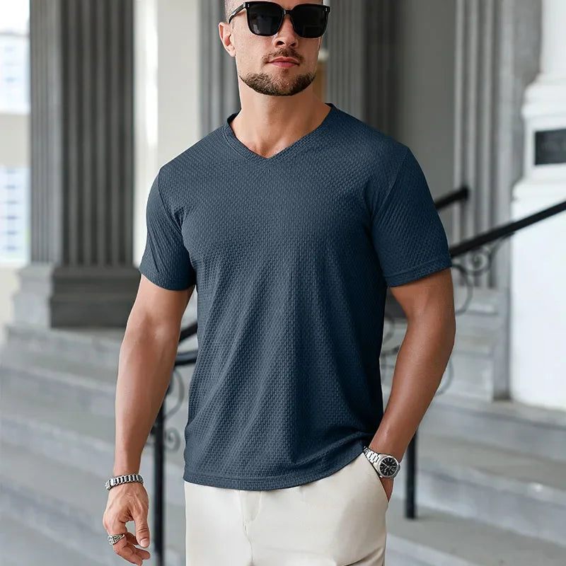 Men's Ice-Silk V-Neck Tee - Jacquard Quick-Dry, Casual Daily Wear