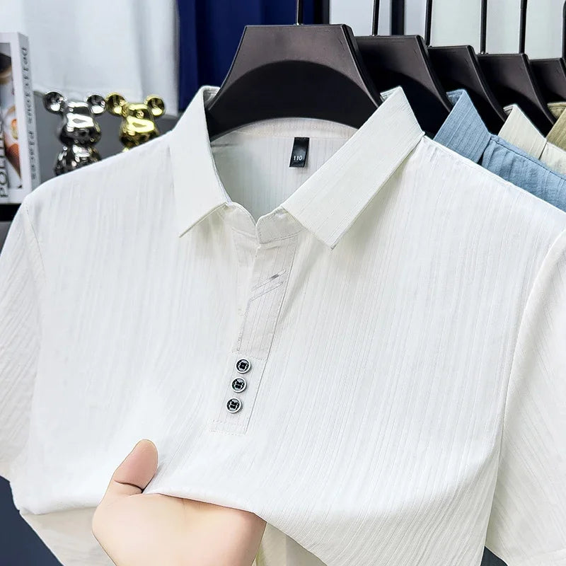 Men's Vertical-Stripe Polo - Soft Breathable, Three-Button Lapel