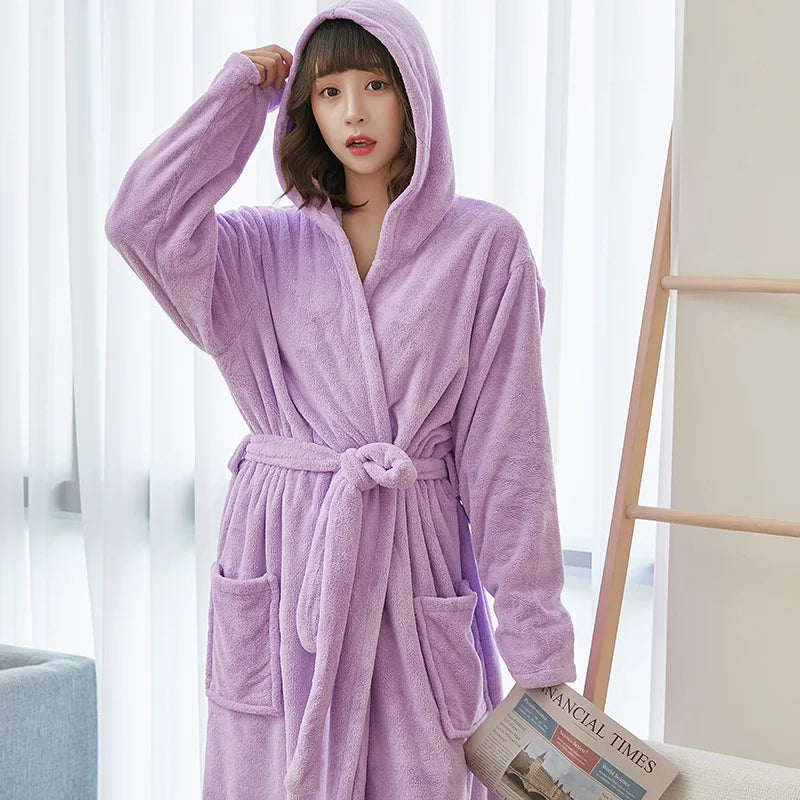 Women's Long Hooded Coral Fleece Bathrobe - Solid Plush Robe - photo 8
