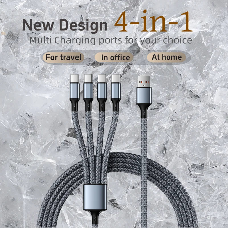 4-in-1 Multifunctional Charging Cable Supports USB-A to USB-C, Micro USB, and Braided Cables for Charging Multiple Devices