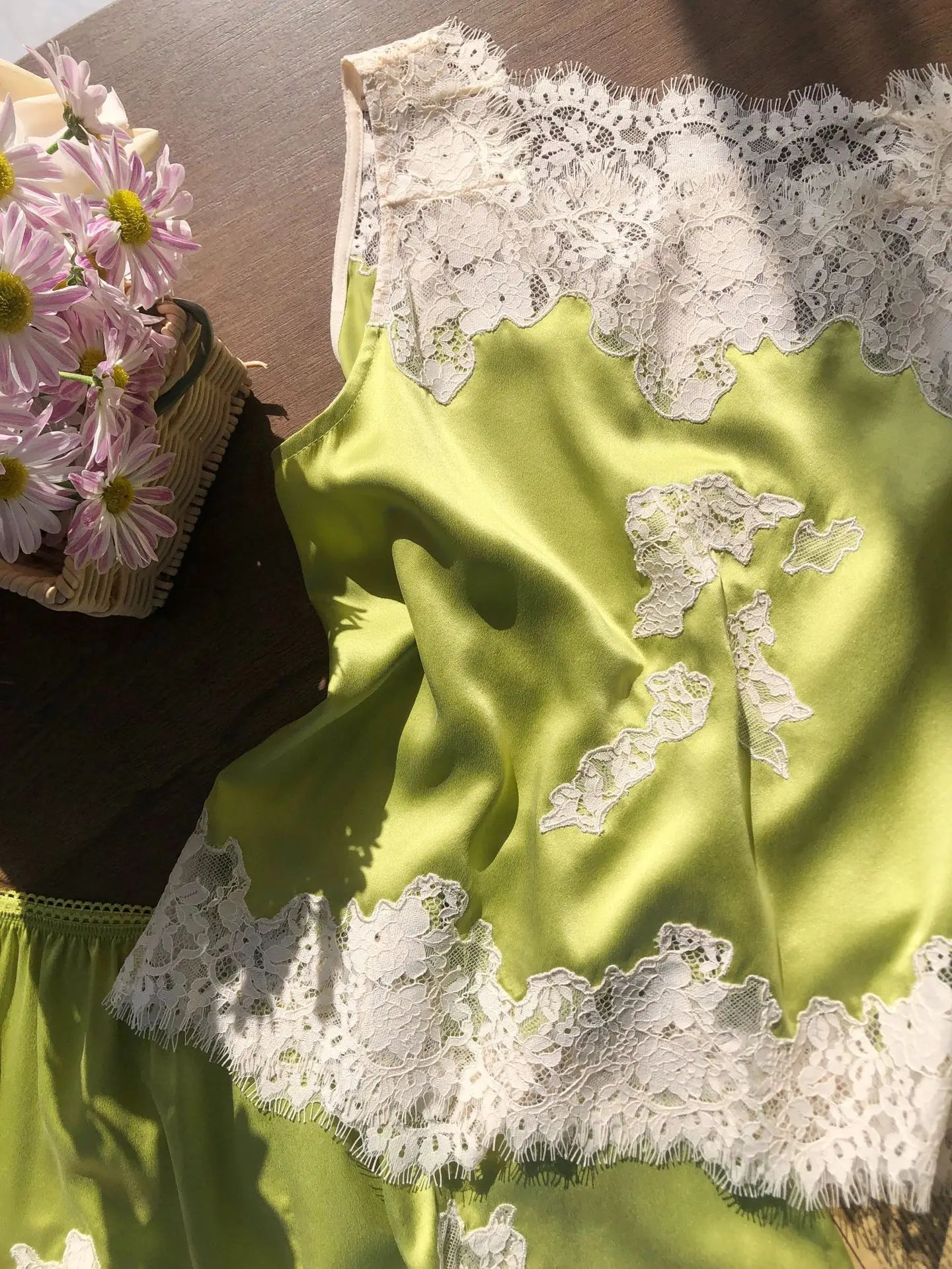 Soft Satin Lace Romantic French Lace Embroidered Satin Silk Sleeveless Vest Shorts