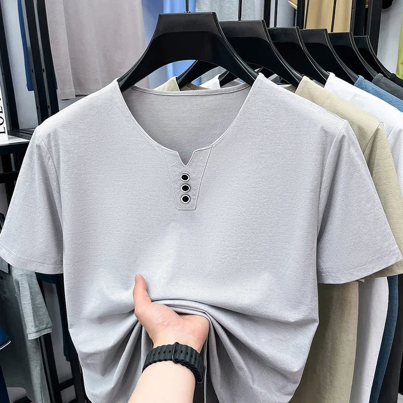 Men's Split V-Neck Tee - Three Metal Buttons, Breathable Slim Fit