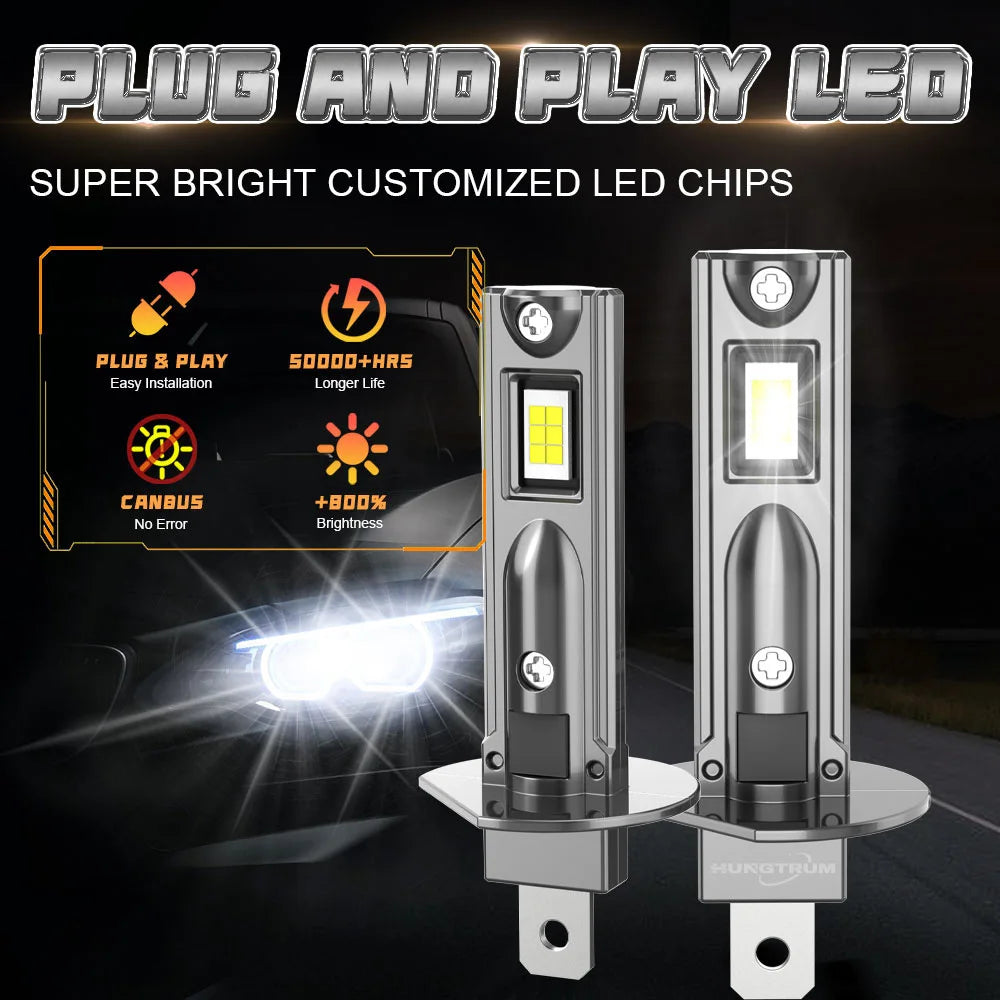 H1 Led Headlight Bulb 800000LM Wireless Turbo Led Lights For Car 1:1 Size CANBUS Error Free Plug And Play 6000K White Light Bulb