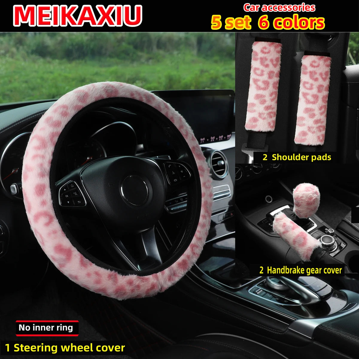 5 set fur leopard print car without inner ring steering wheel cover shoulder cover gear shift cover car decoration for women