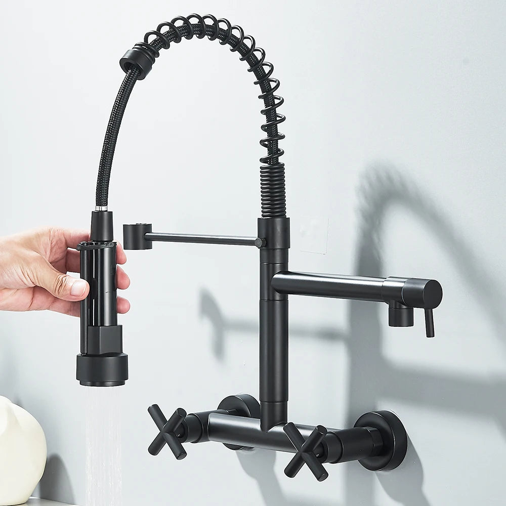 Pull Down Kitchen Faucet Wall Mounted Spring  Hot Cold Water Dual Spouts Kitchen Tap 20cm Distance For Two Holes
