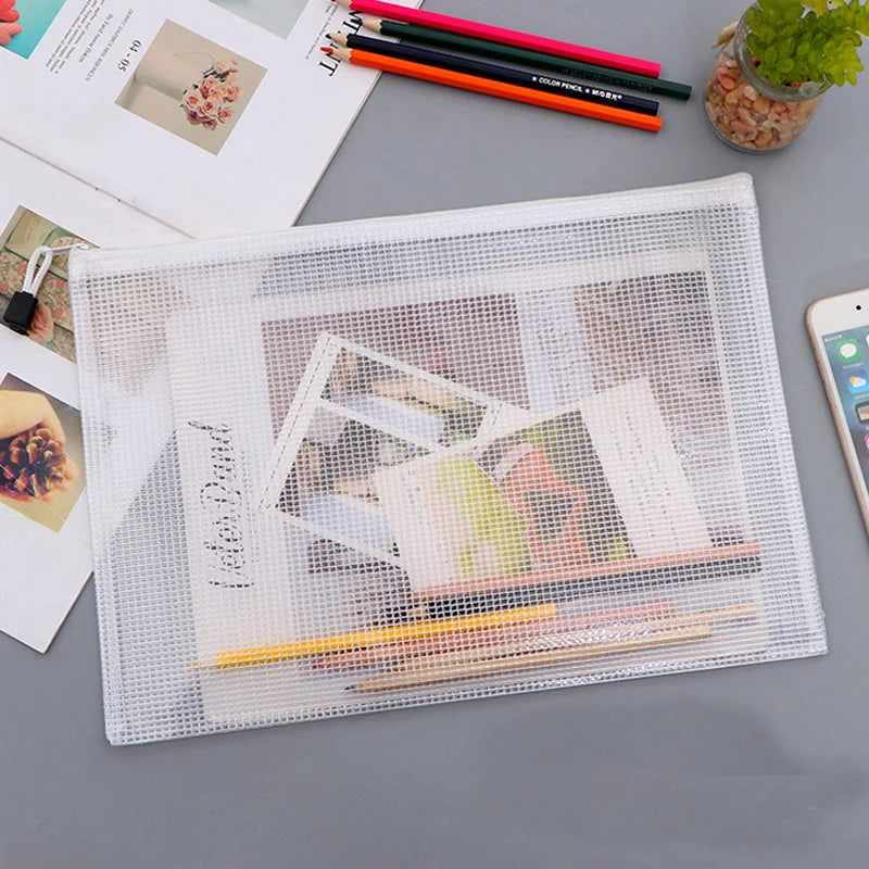 A3/A4/A5 Mesh Zipper Pouch Waterproof Plastic Document Pouch Multipurpose for Travel Storage Office Appliances Home Organize Bag