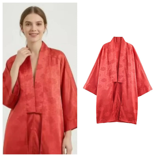 Women's Long Satin Cardigan - Red Floral Batwing Sleeve