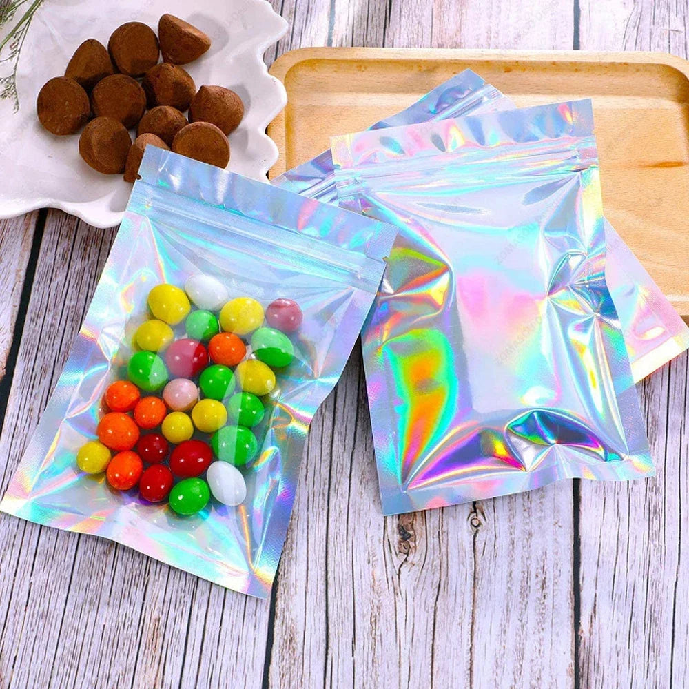 400-1Pc Plastic Color Laser Sealing Bags Resealable Holographic Bag Candy Food Pouch Necklace Gift Jewelry Packaging Storage Bag