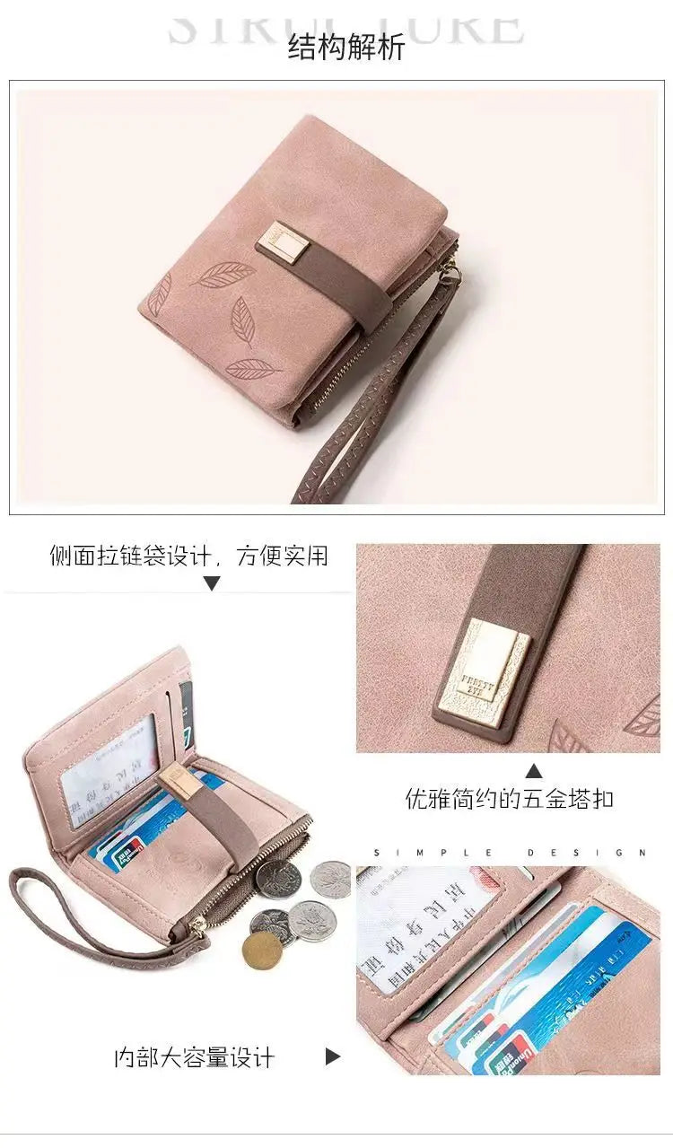 Spring/Summer 2026 new women's short wallet, high-quality PU hardware leaf buckle, solid color zipper, student coin coin purse,
