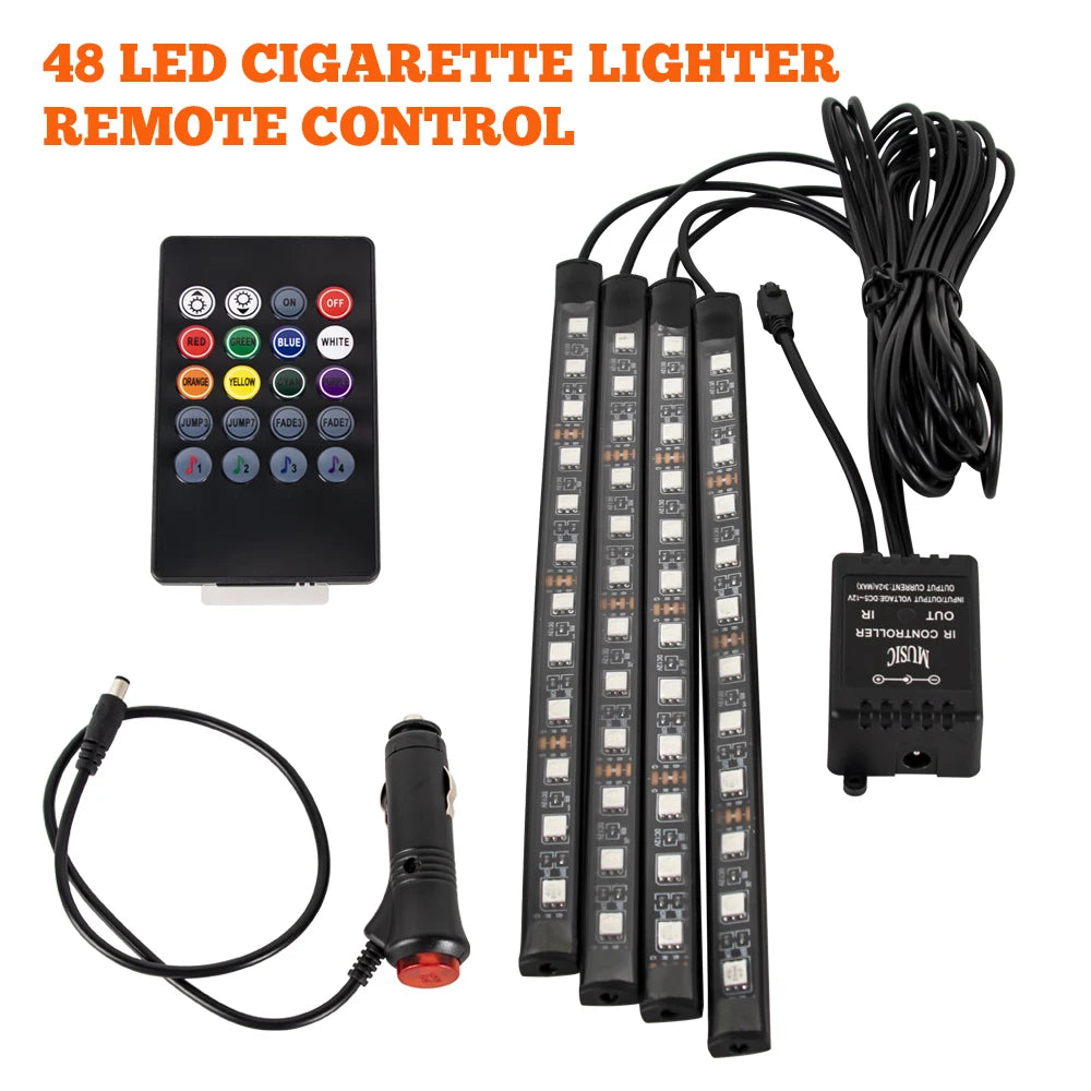 RGB LED Car Interior Ambient Light Strip – 36/48/72 LED Remote & App Music Control | USB or Cigarette Lighter | Atmosphere Foot Light