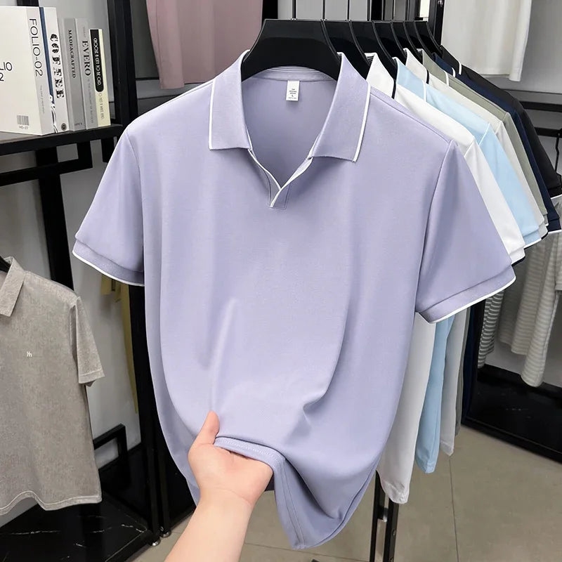 Men's Piping-Detail Polo - Soft Stretch, No-Button Placket