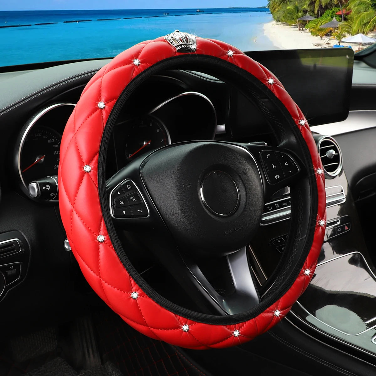 Soft leather diamond-studded crown Blingbling car without inner ring steering wheel cover suitable for 14.5 - 15 inch car access