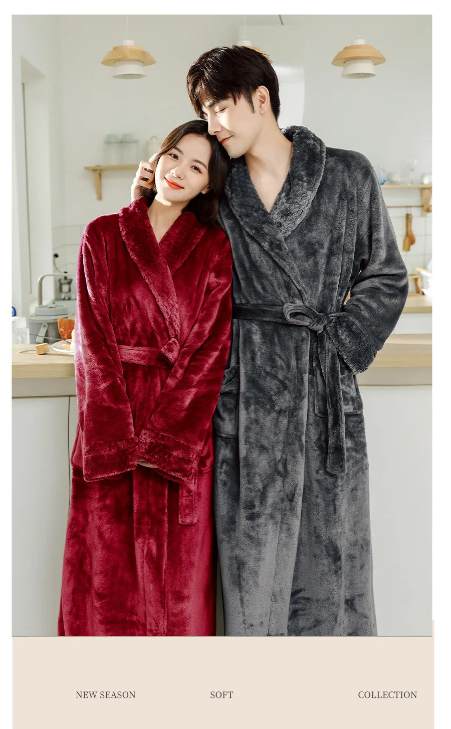 Couples Flannel Robe, Long Warm Fleece Bathrobe for Men and Women