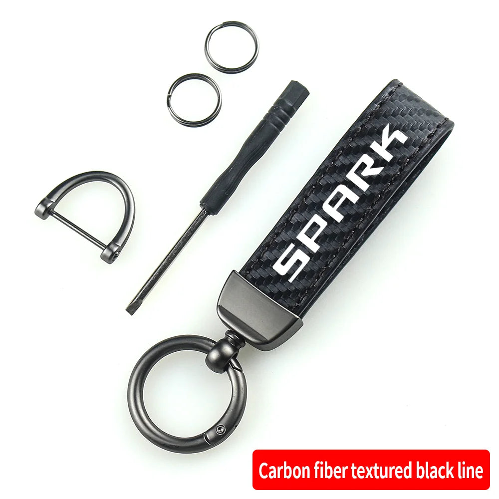 Carbon Fiber Leather Car Keychain Key Chain Pendant Keyring Horseshoe Buckle for SILVERADO SONIC SPARK SS Auto Accessories