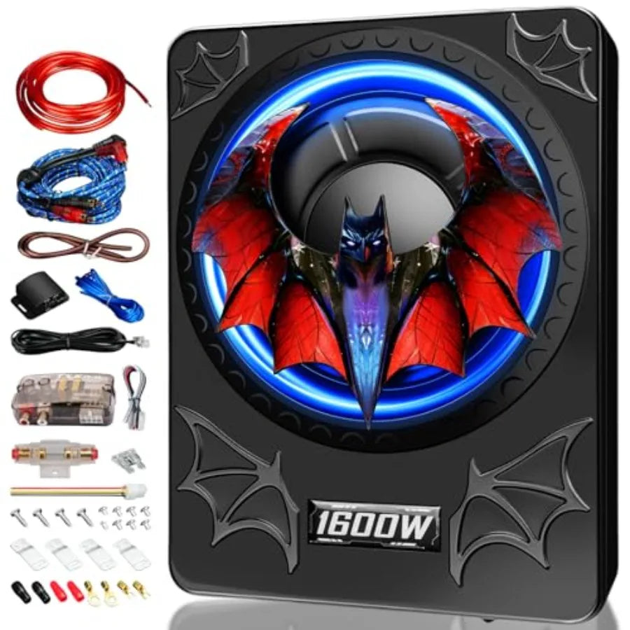 Under seat subwoofers for vehicles, aluminum alloy, black, 1600W slim design with built-in amp, LED ambient light, deep bass, i