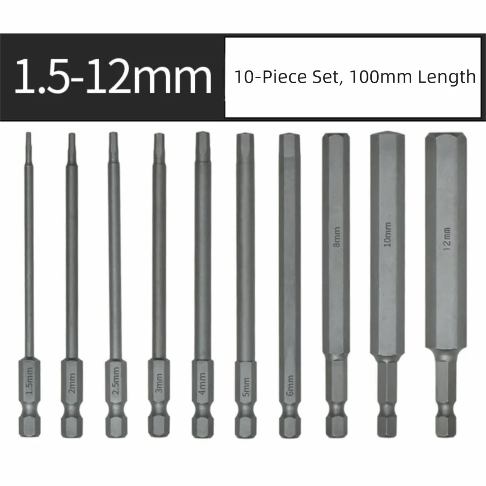 Tool Parts S2 Steel Hex Head Allen Wrench 1/4 Inch 100mm Length Hex Key Screwdriver 1.5-12mm Screwdriver Bits DIY Projects